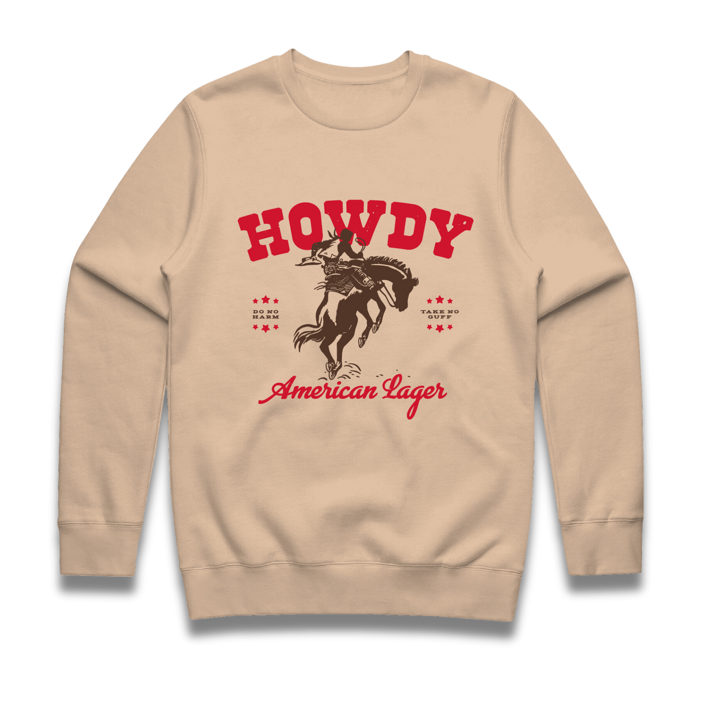 Howdy Beer Bucking Bronco tan crewneck sweatshirt against a transparent background