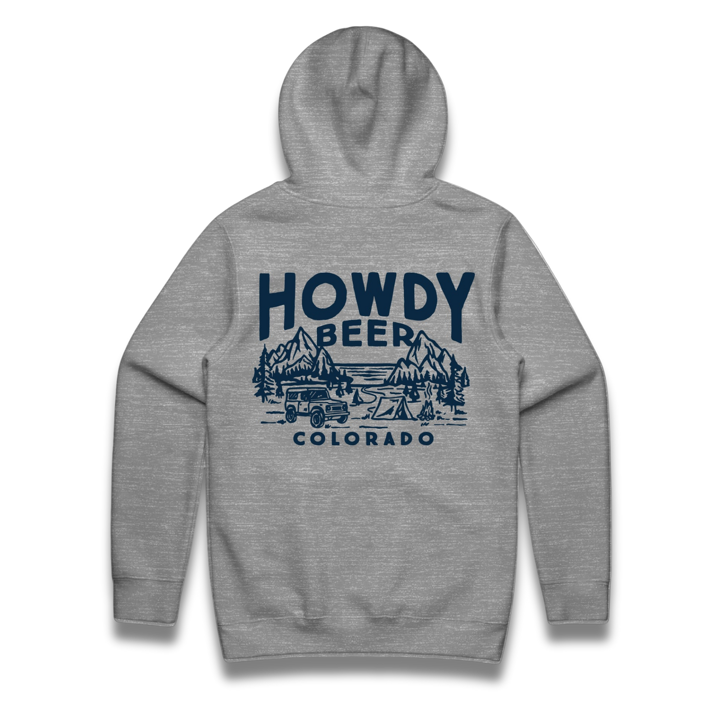Gray hoodie with 'Howdy Beer Colorado' graphic on the back against a white background
