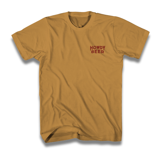 Mustard yellow t-shirt with 'HOWDY BEER' text on a transparent background
