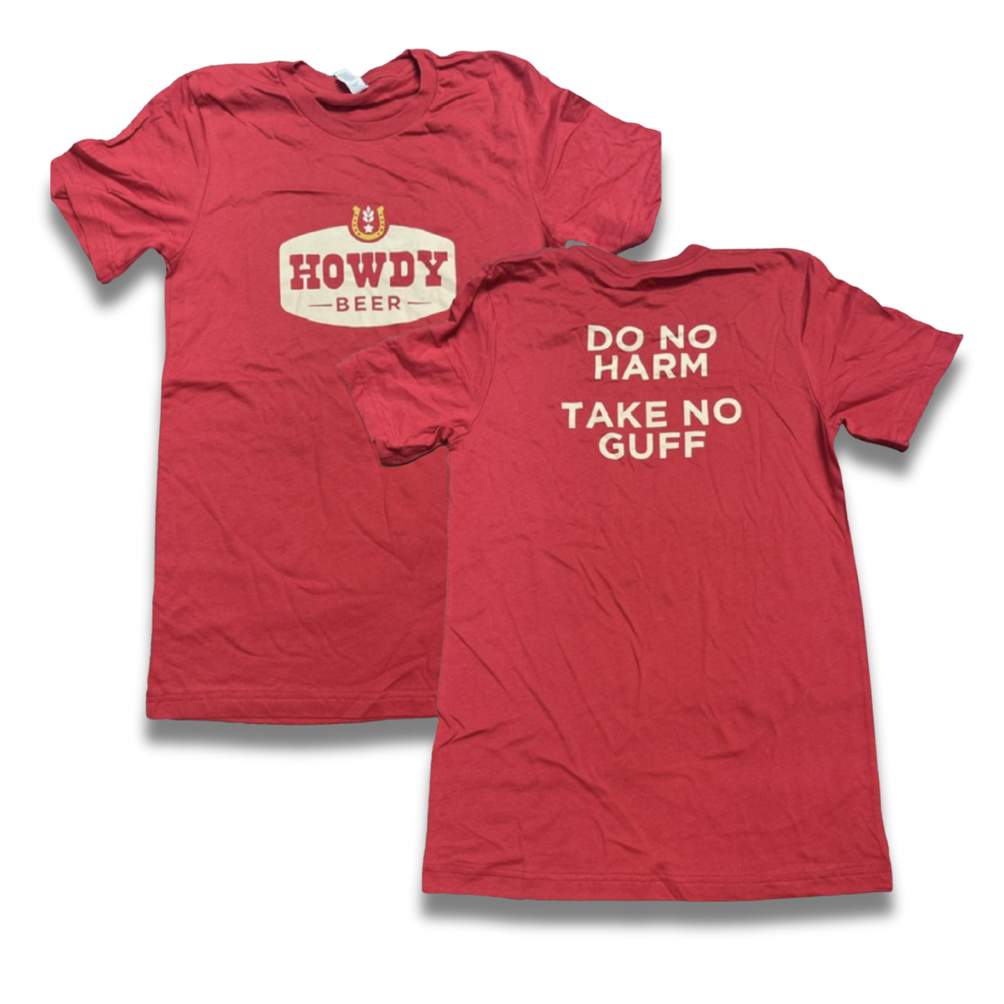 Two red t-shirts with text on a white background