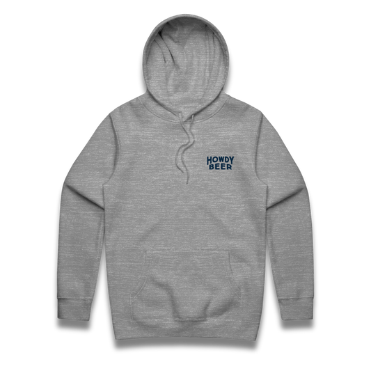 Gray hoodie with 'Howdy Beer' text on a white background