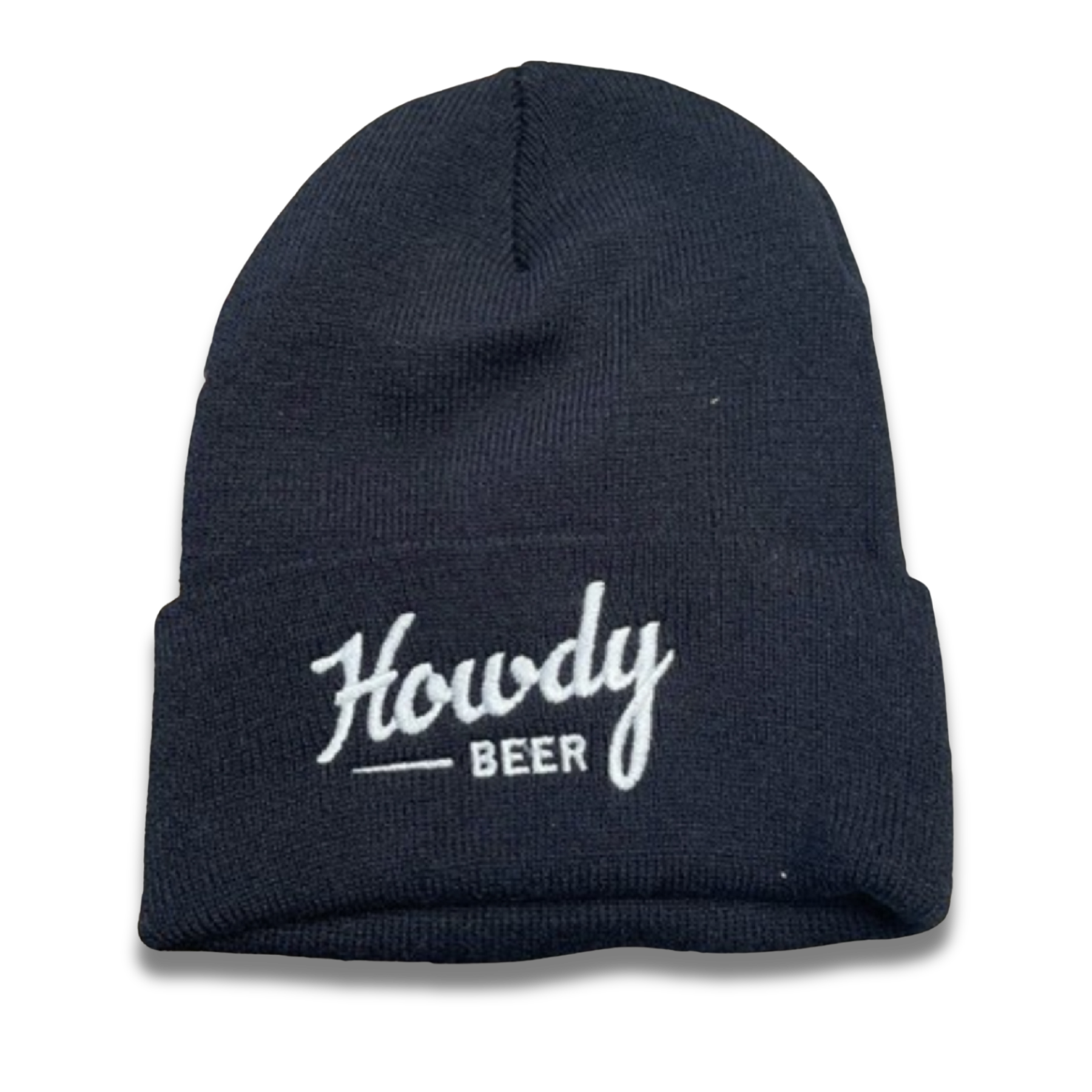 Black beanie with embroidered Howdy Beer logo 