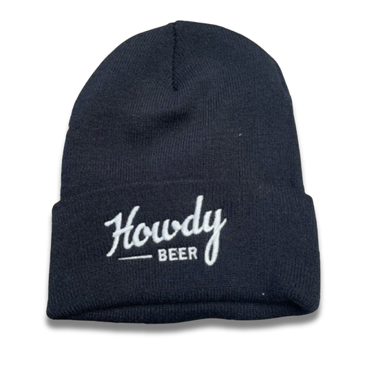 Black beanie with embroidered Howdy Beer logo 