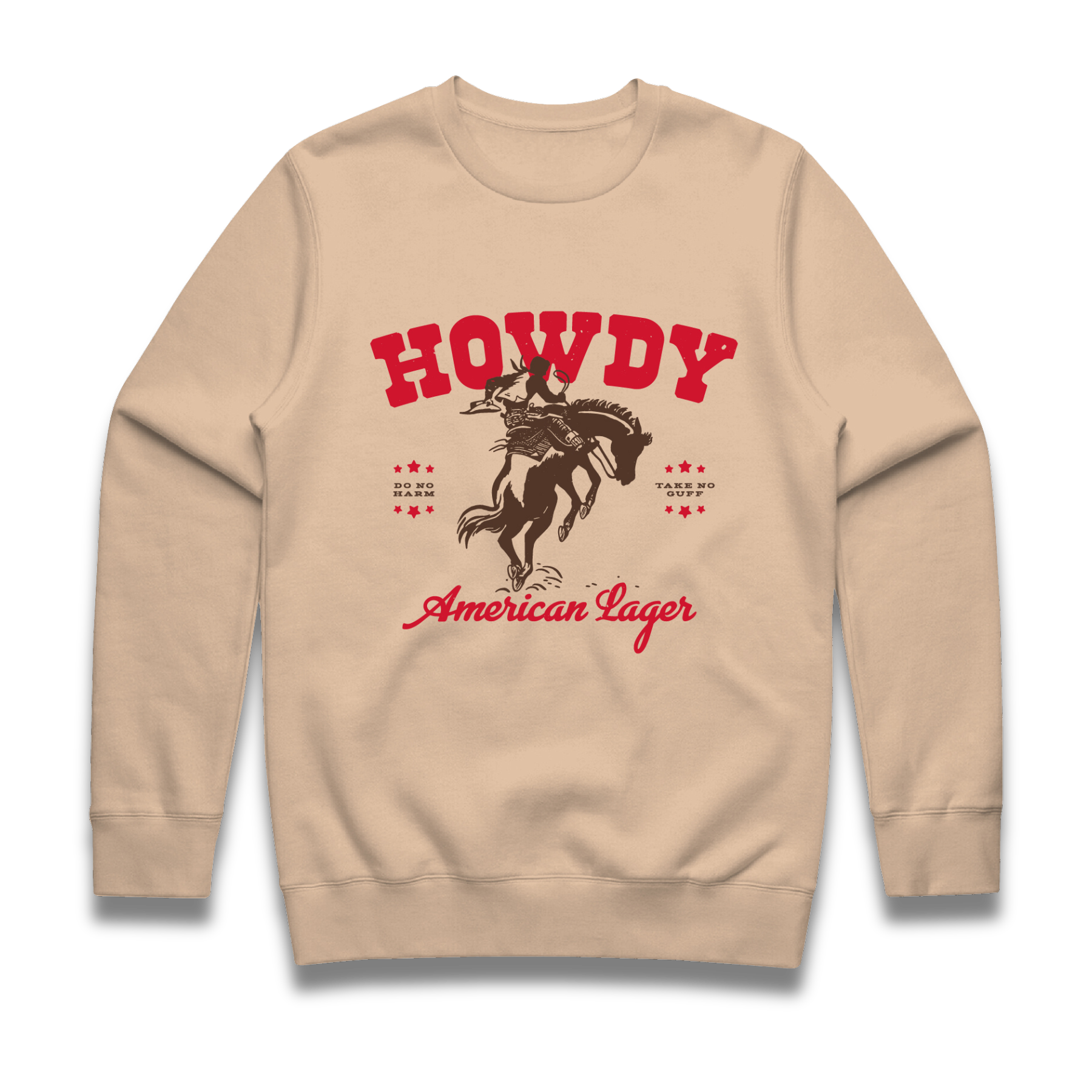 Howdy Beer Bucking Bronco tan crewneck sweatshirt against a transparent background