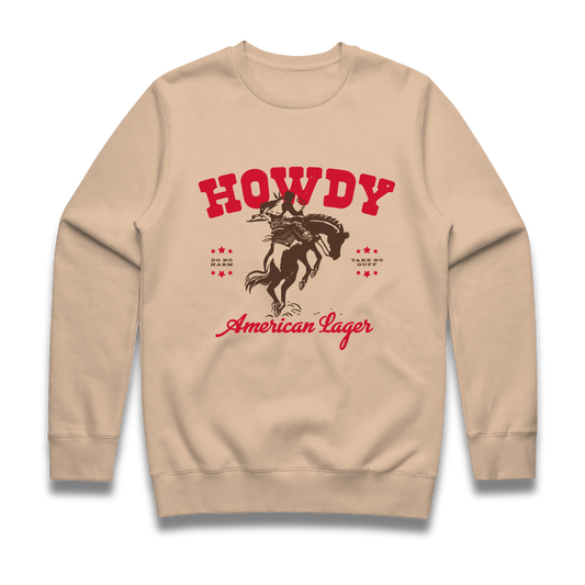 Howdy Beer Bucking Bronco tan crewneck sweatshirt against a transparent background