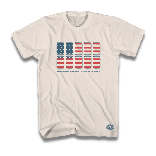 American flag tee with beer cans