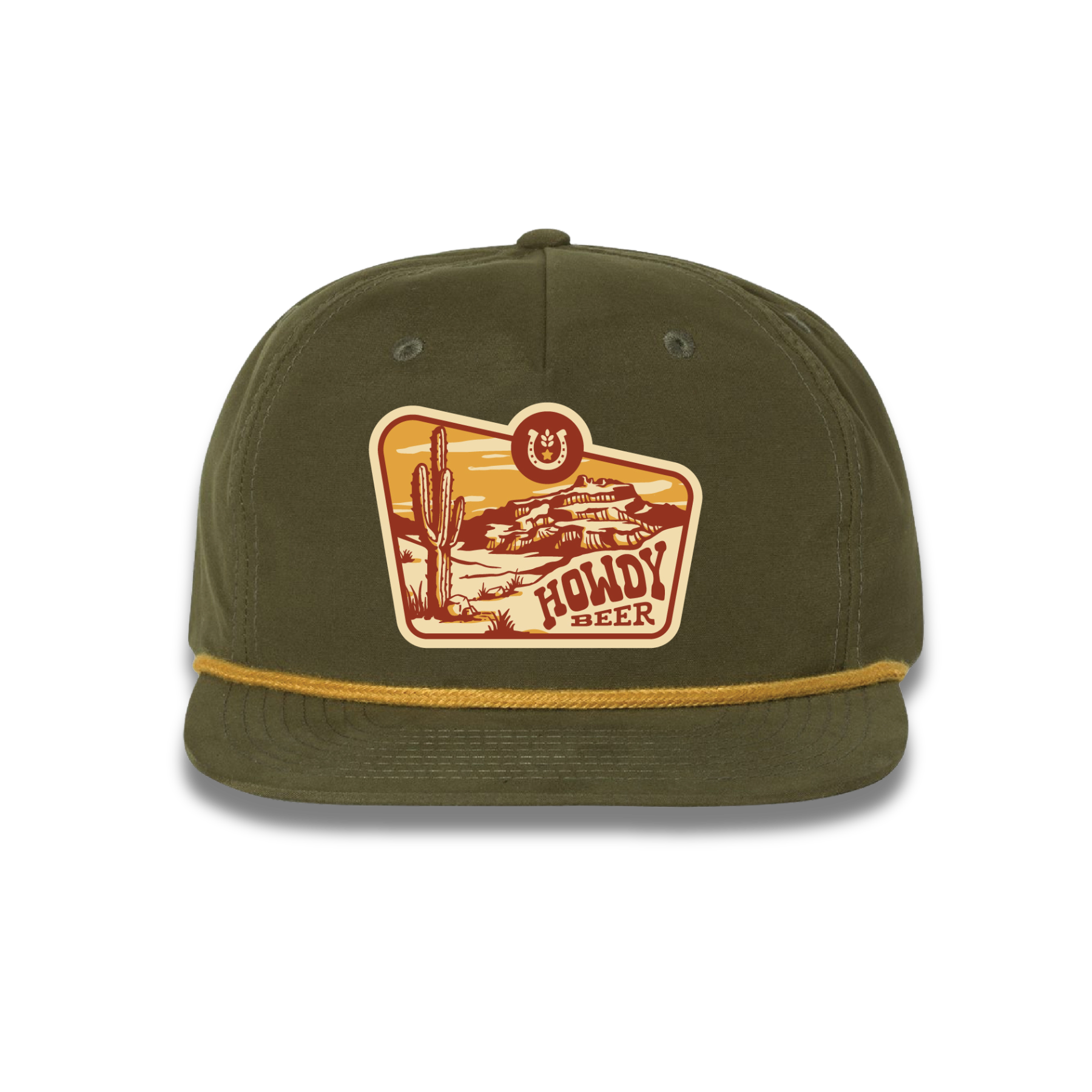 Howdy Beer green rope hat with desert landscape scene