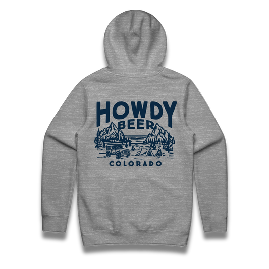 Gray hoodie with 'Howdy Beer Colorado' graphic on the back against a white background