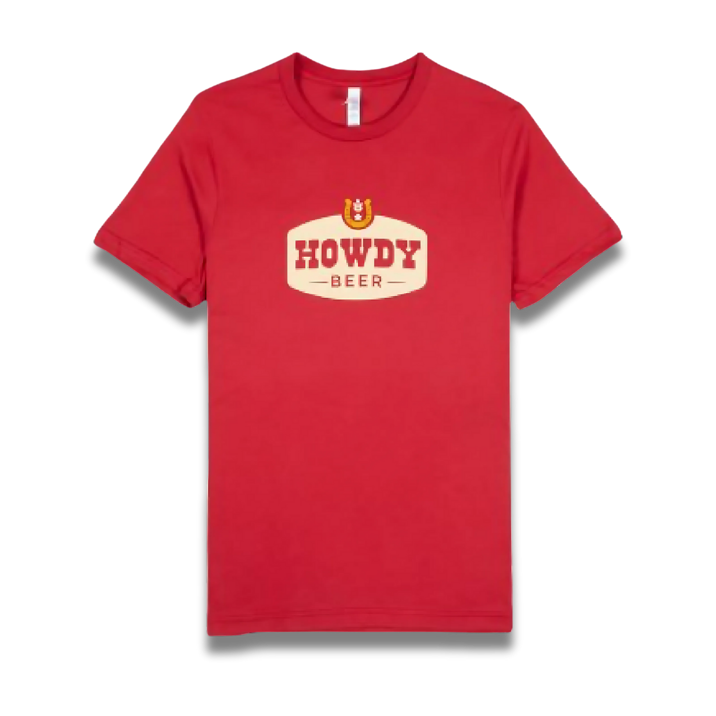 Red t-shirt with 'Howdy Beer' logo on a white background