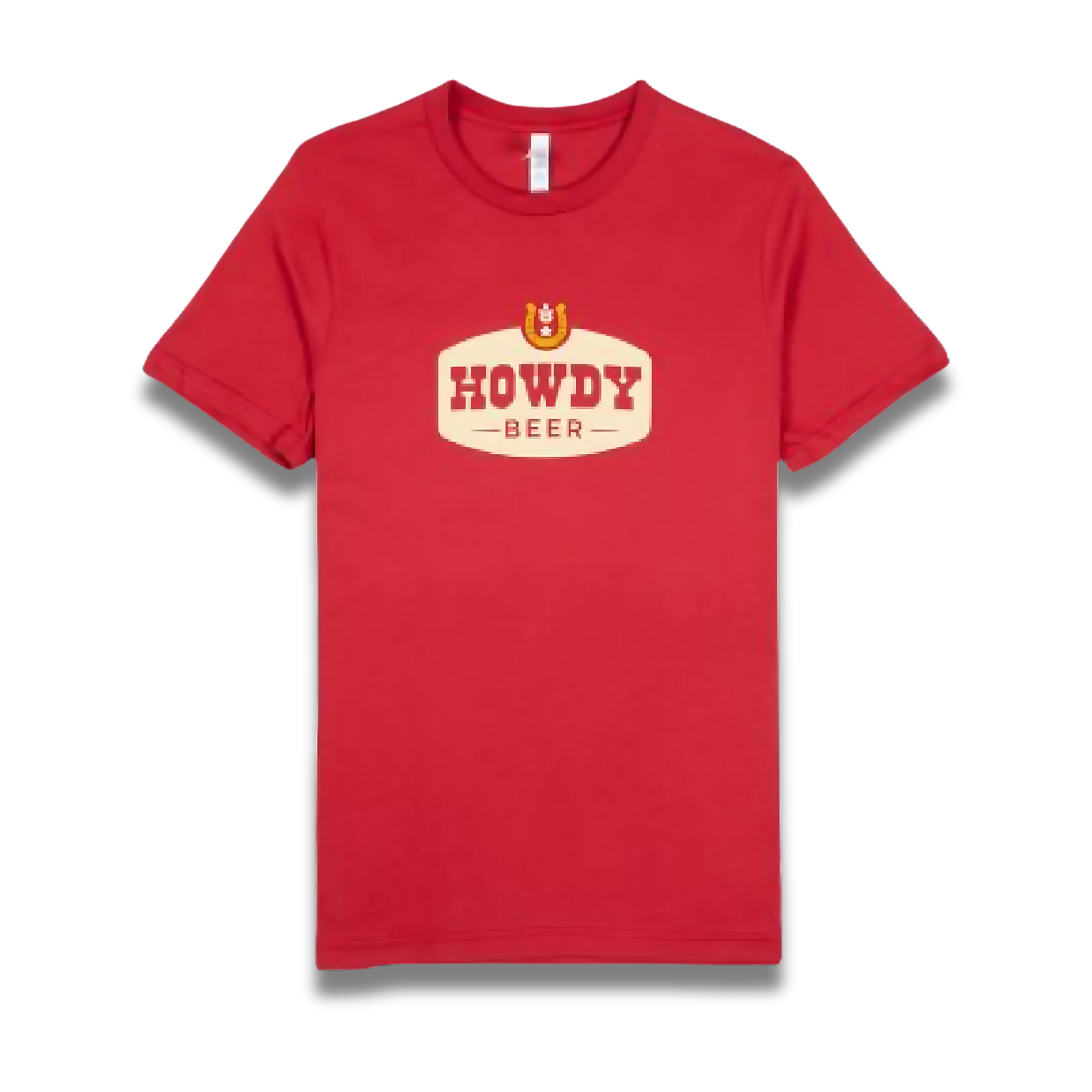 Red t-shirt with 'Howdy Beer' logo on a white background