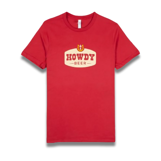 Red t-shirt with 'Howdy Beer' logo on a white background