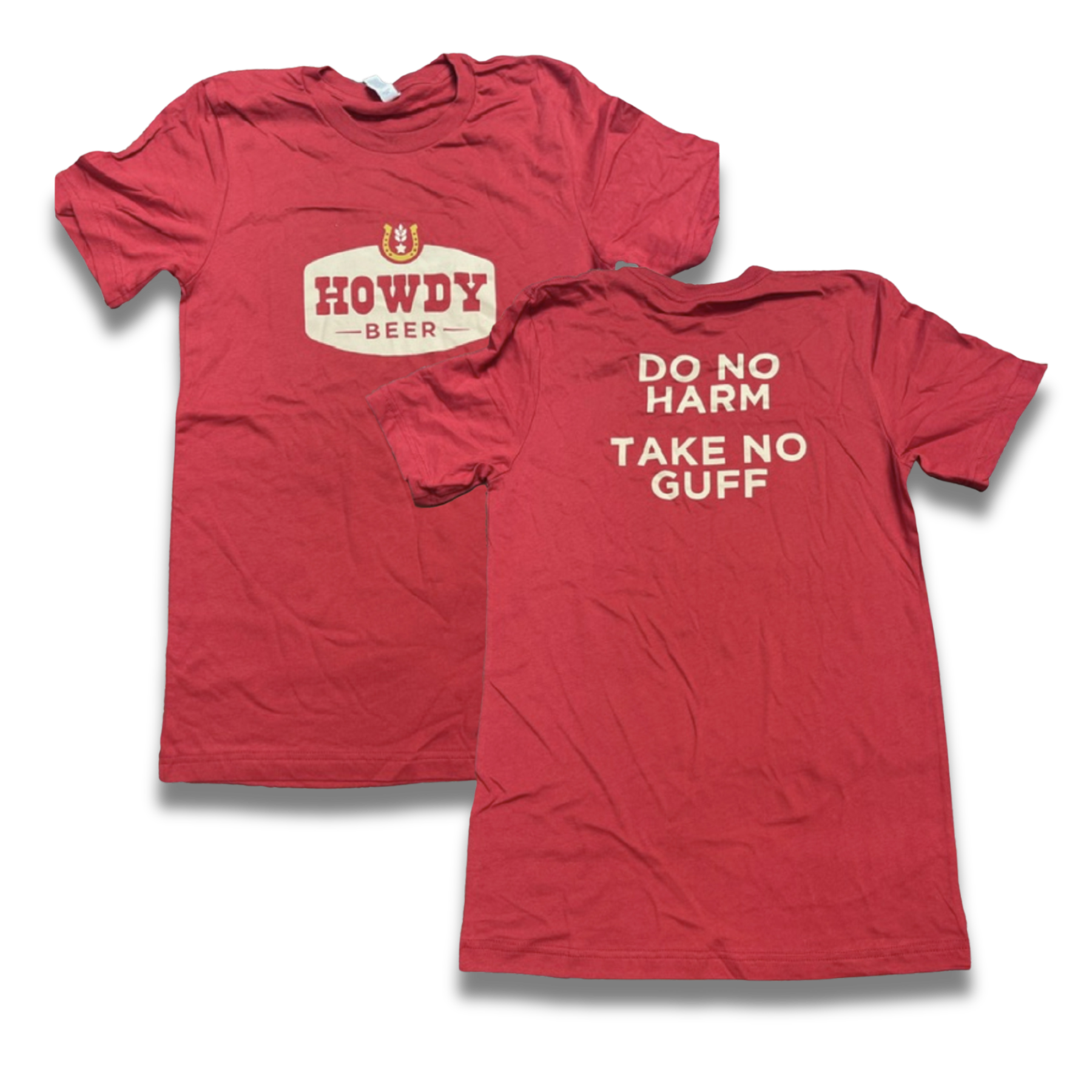 Two red t-shirts with text on a white background