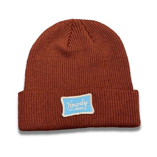 Rust colored brewery beanie with patch