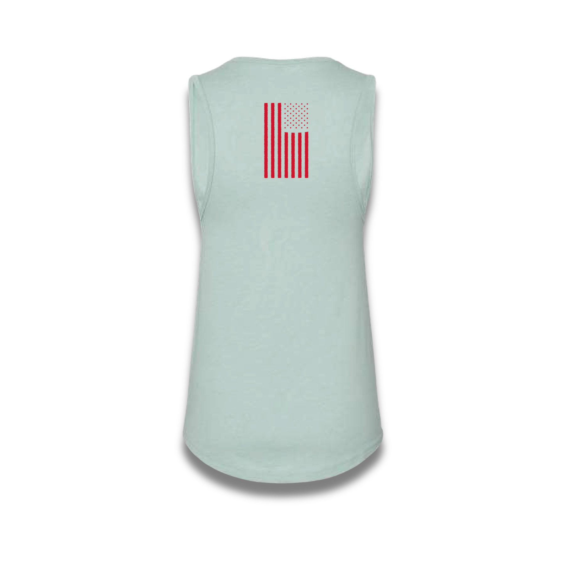 Light blue sleeveless shirt with American flag design on the back against a white background