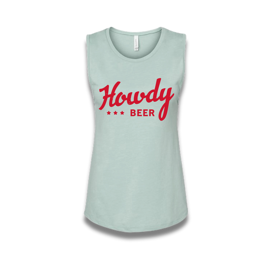 Light blue tank top with red 'Howdy Beer' text on a white background