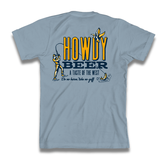 Light blue t-shirt with 'Howdy Beer' graphic design on a white background
