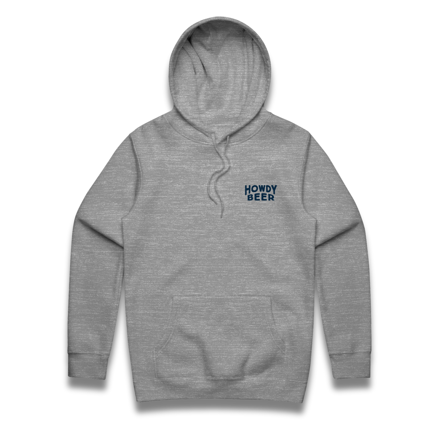 Gray hoodie with 'Howdy Beer' text on a white background